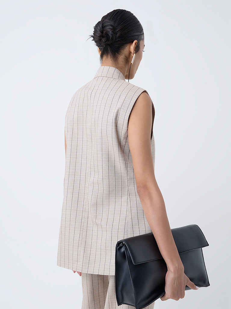 Wardrobe Beige Striped Sleeveless Blazer