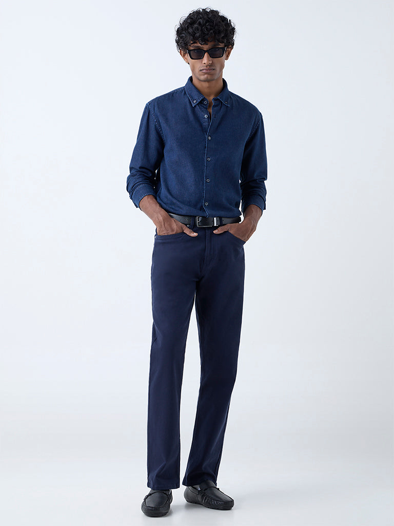 Westside Ascot Men's Dark Blue Relaxed-Fit Denim Shirt for Casual Wear Full View