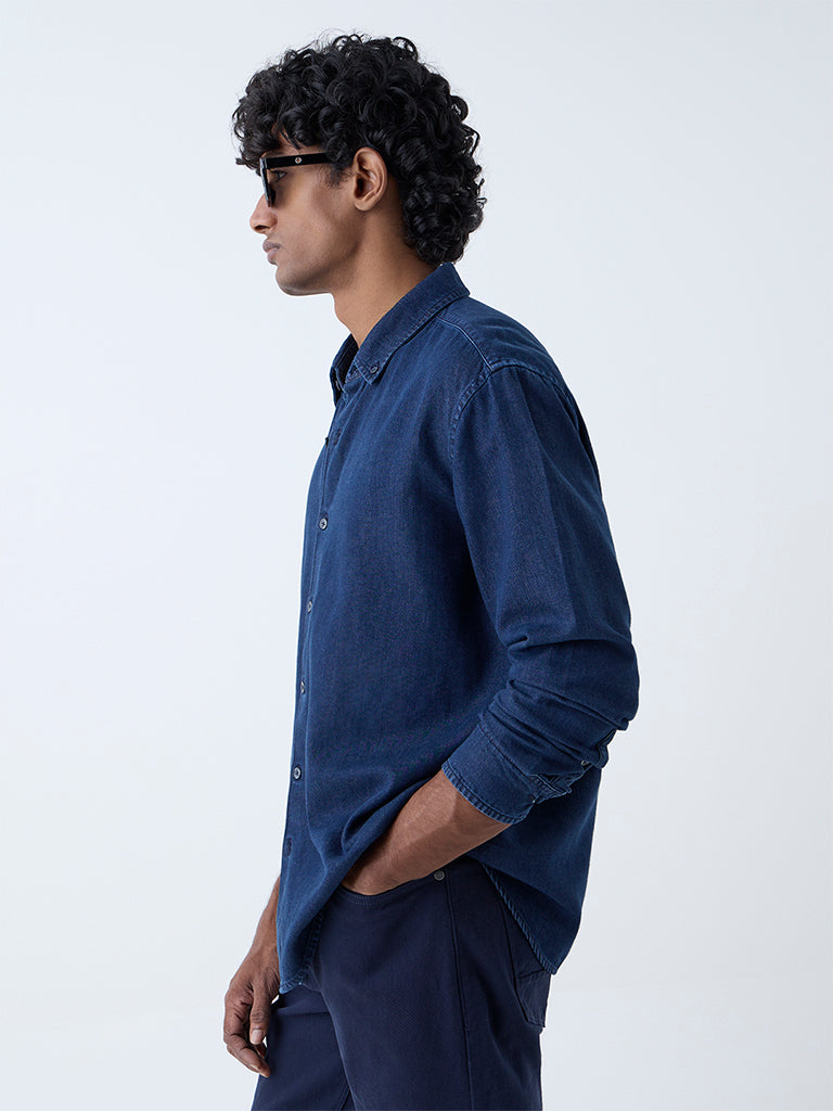 Westside Ascot Men's Dark Blue Relaxed-Fit Denim Shirt for Casual Wear Side View