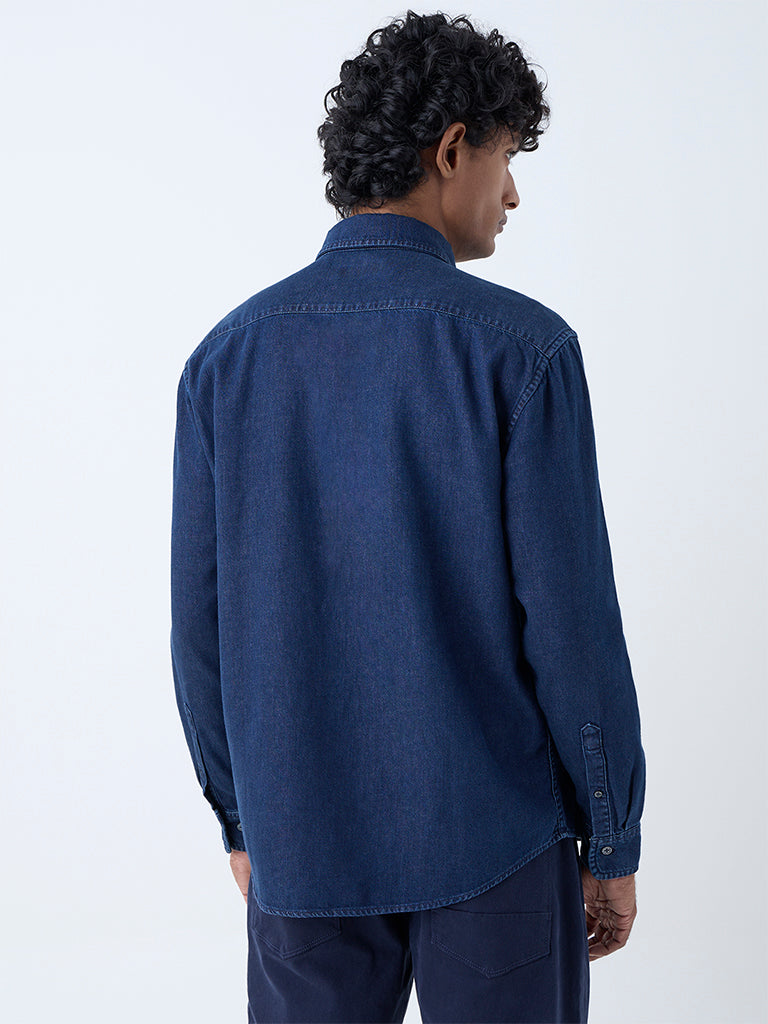 Westside Ascot Men's Dark Blue Relaxed-Fit Denim Shirt for Casual Wear Back View