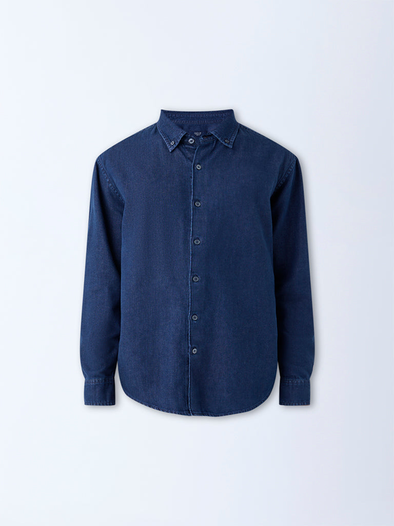 Westside Ascot Men's Dark Blue Relaxed-Fit Denim Shirt for Casual Wear Flatlay