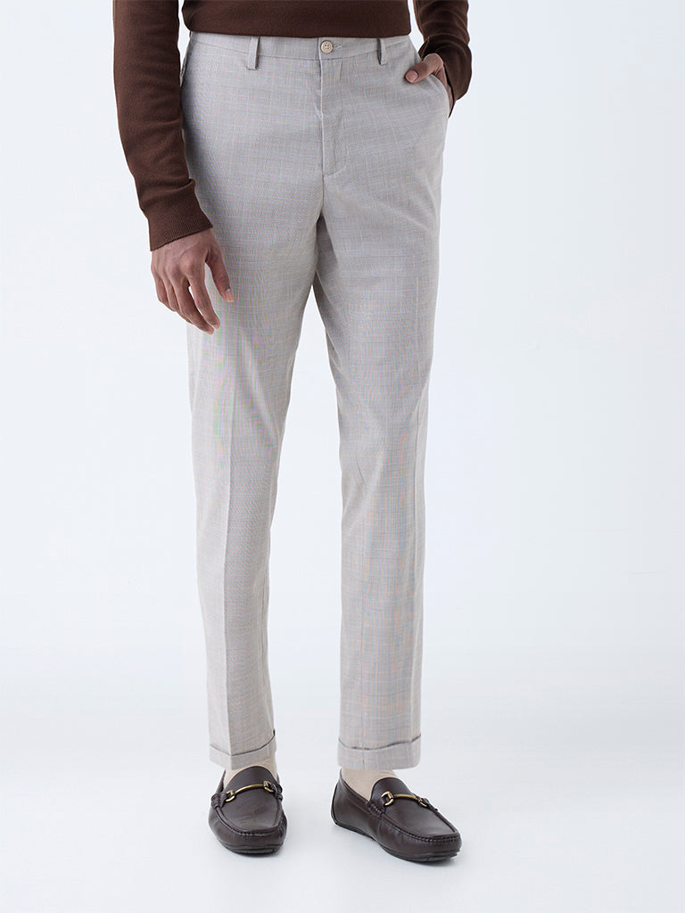 WES Formals Beige Checkered Slim-Fit Mid-Rise Trousers