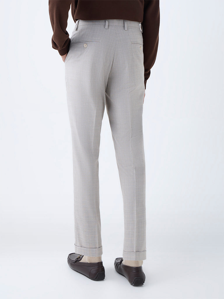 WES Formals Beige Checkered Slim-Fit Mid-Rise Trousers