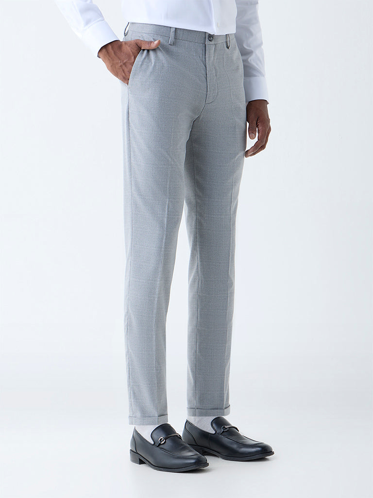 WES Formals Grey Checkered Slim-Fit Mid-Rise Trousers