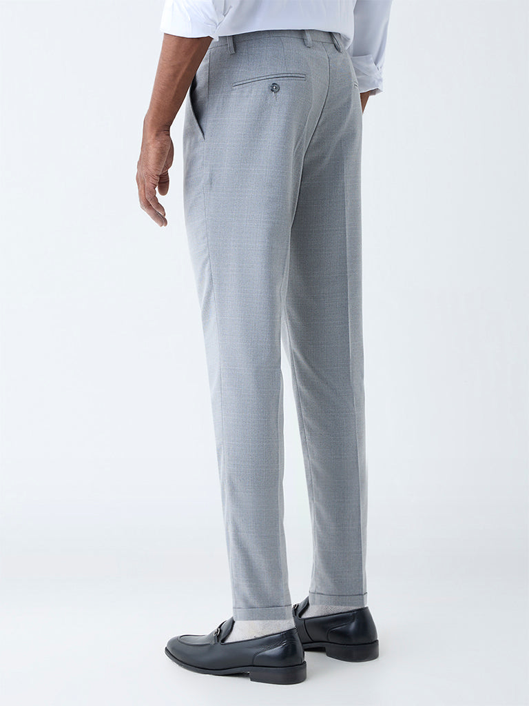 WES Formals Grey Checkered Slim-Fit Mid-Rise Trousers
