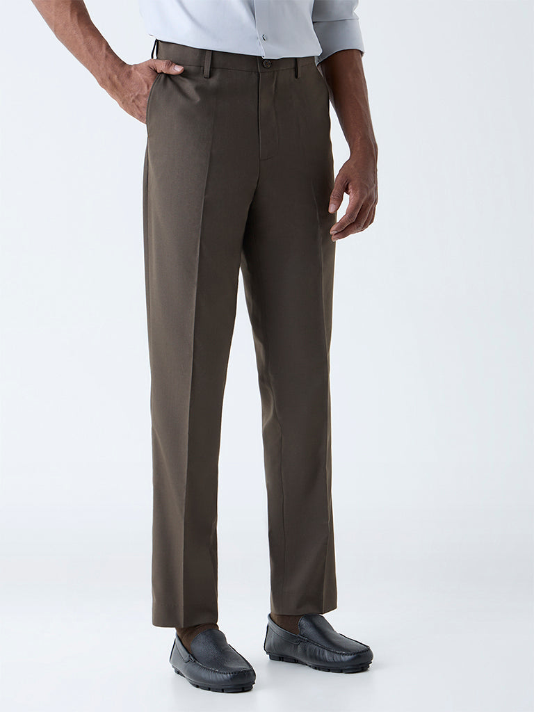 WES Formals Dark Brown Slim-Fit Mid-Rise Trousers