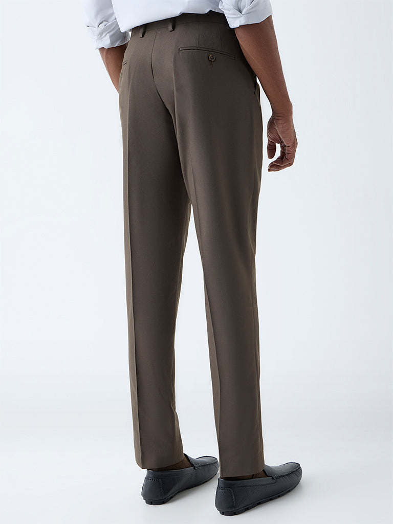 WES Formals Dark Brown Slim-Fit Mid-Rise Trousers