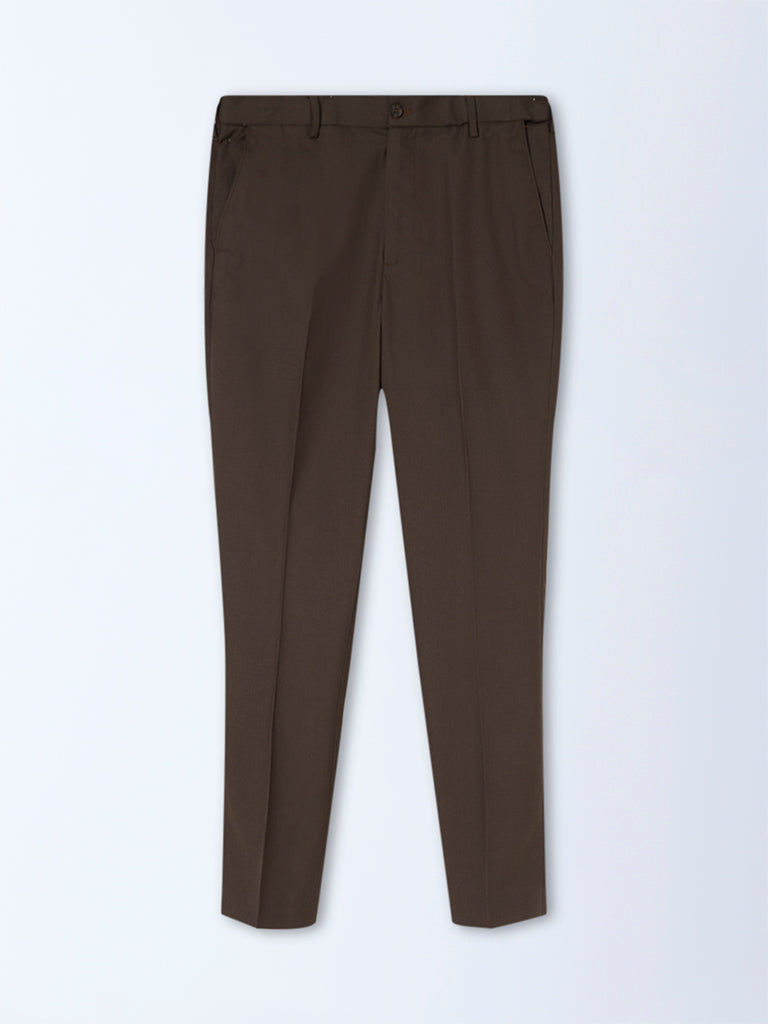 WES Formals Dark Brown Slim-Fit Mid-Rise Trousers