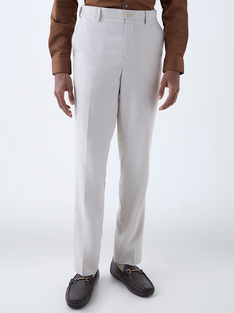 WES Formals Beige Solid Relaxed-Fit Mid-Rise Trousers