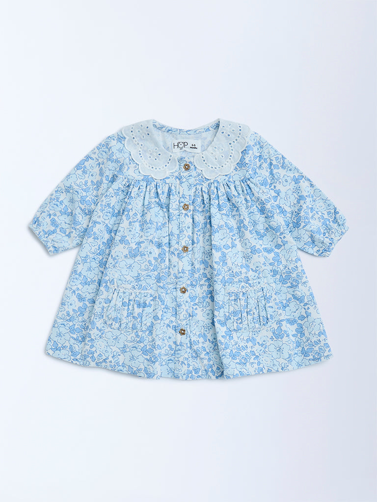 HOP Baby Blue Floral Detailed Cotton A-Line Dress