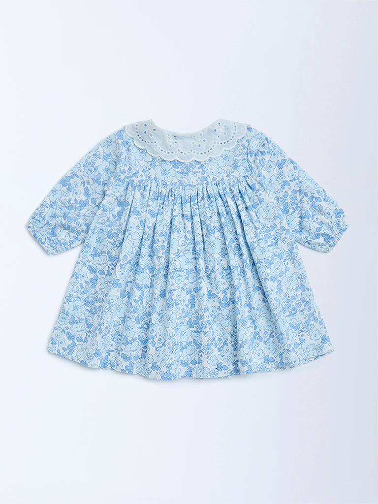 HOP Baby Blue Floral Detailed Cotton A-Line Dress