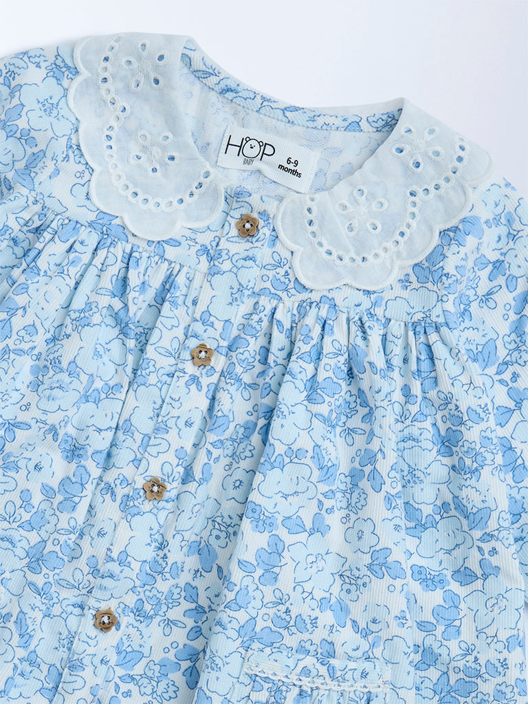 HOP Baby Blue Floral Detailed Cotton A-Line Dress