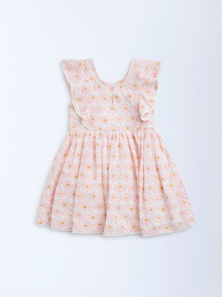 HOP Kids Kids Peach Floral Design A-Line Cotton-Blend Dress