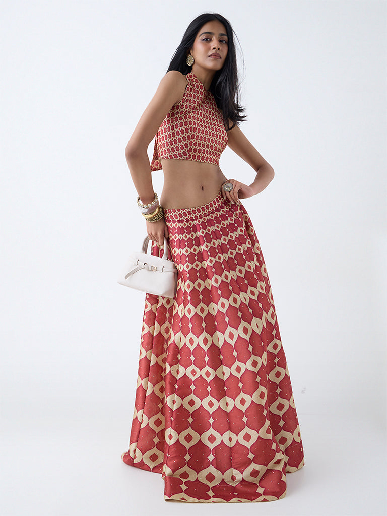 Westside Vark Women's Red Printed Halter-Neck Ethnic Top for Festival Wear Full View