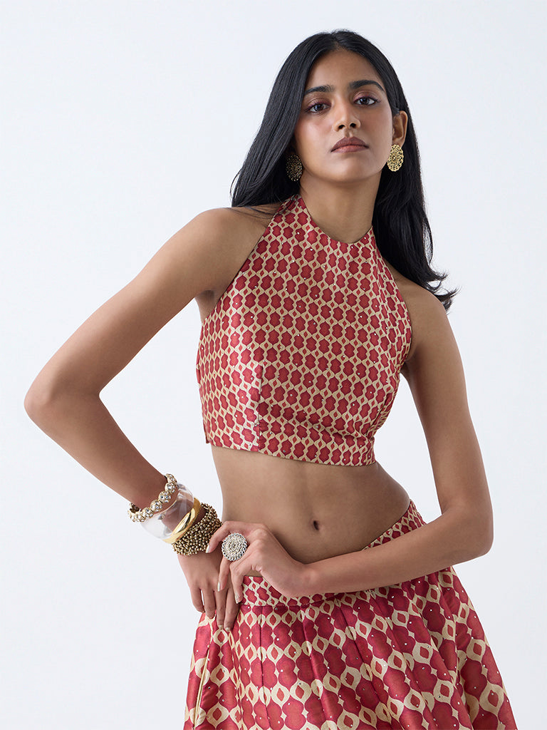 Westside Vark Women's Red Printed Halter-Neck Ethnic Top for Festival Wear Front view