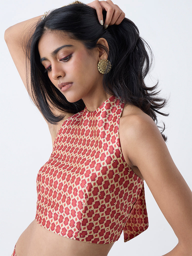 Westside Vark Women's Red Printed Halter-Neck Ethnic Top for Festival Wear Zoomed View