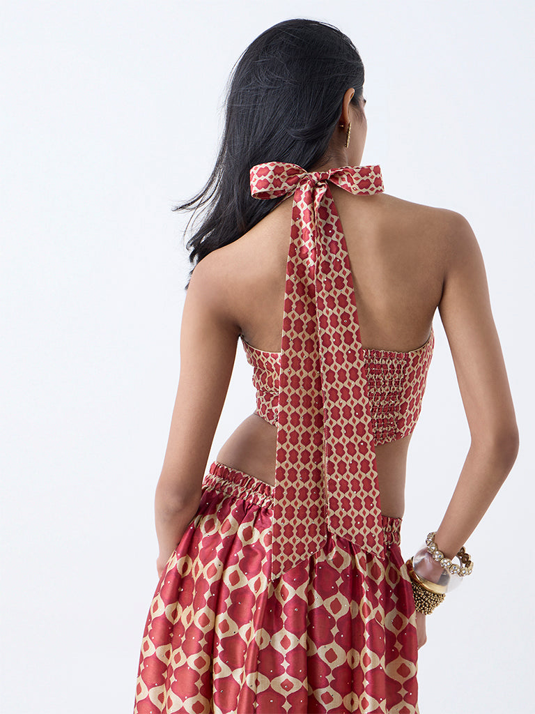 Westside Vark Women's Red Printed Halter-Neck Ethnic Top for Festival Wear Back View