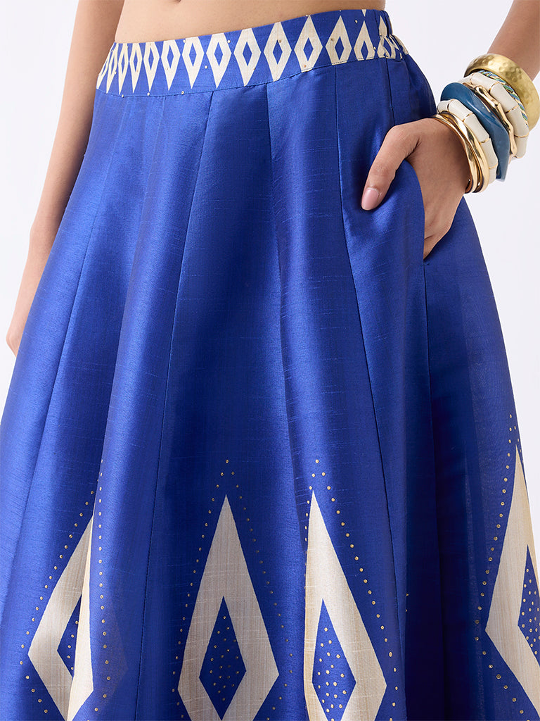 Vark Blue Geometric Pattern Maxi Skirt