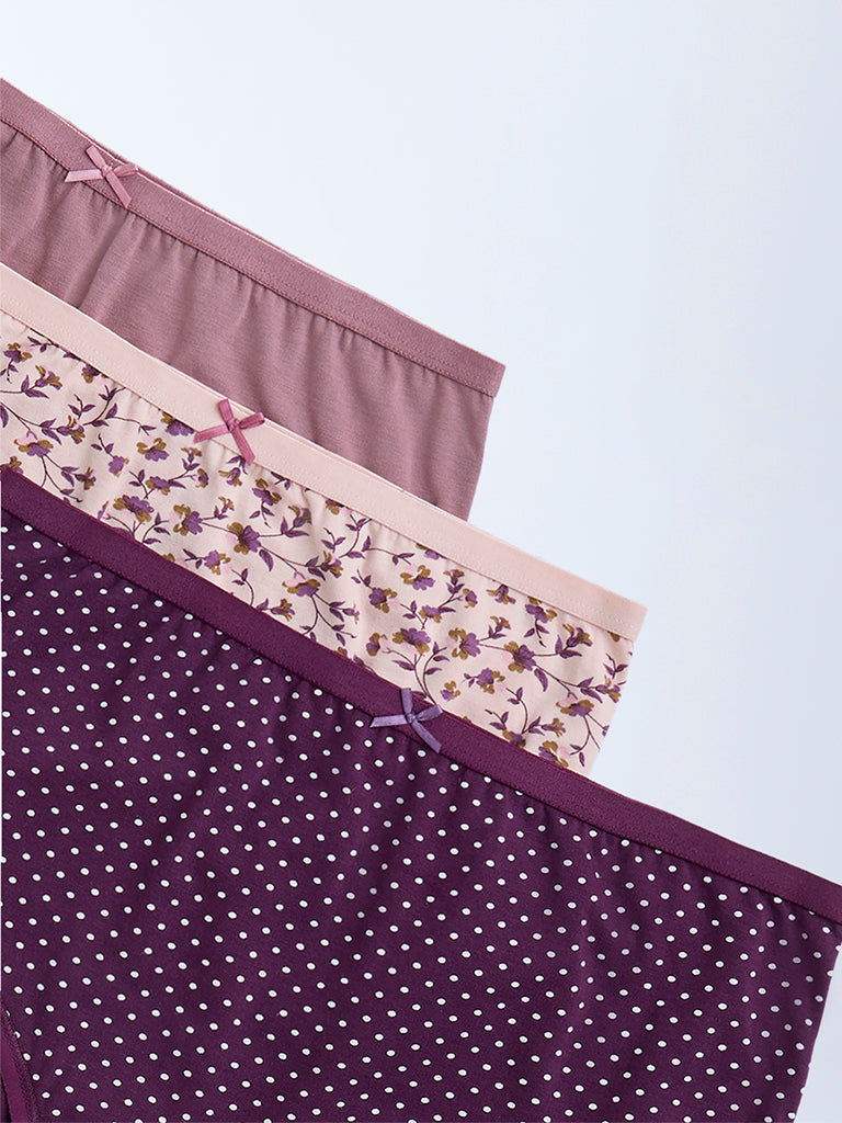 Wunderlove Violet Printed Cotton-Blend Briefs - Pack of 3