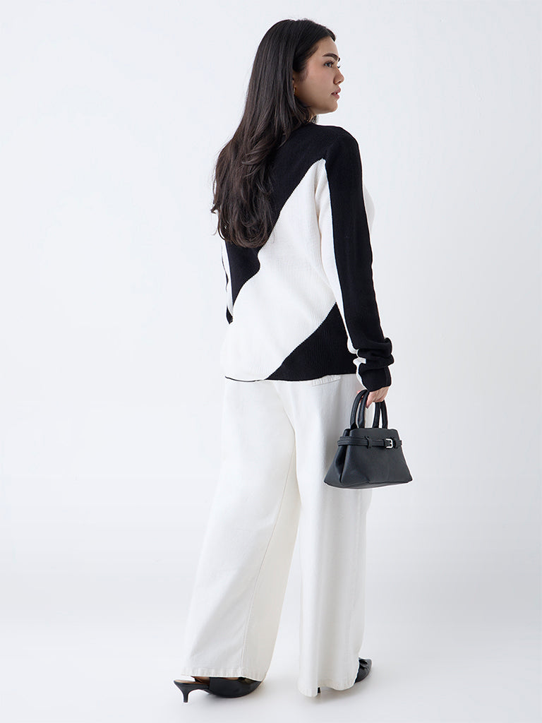 Gia Black Colour-Blocked Knit-Textured Sweater
