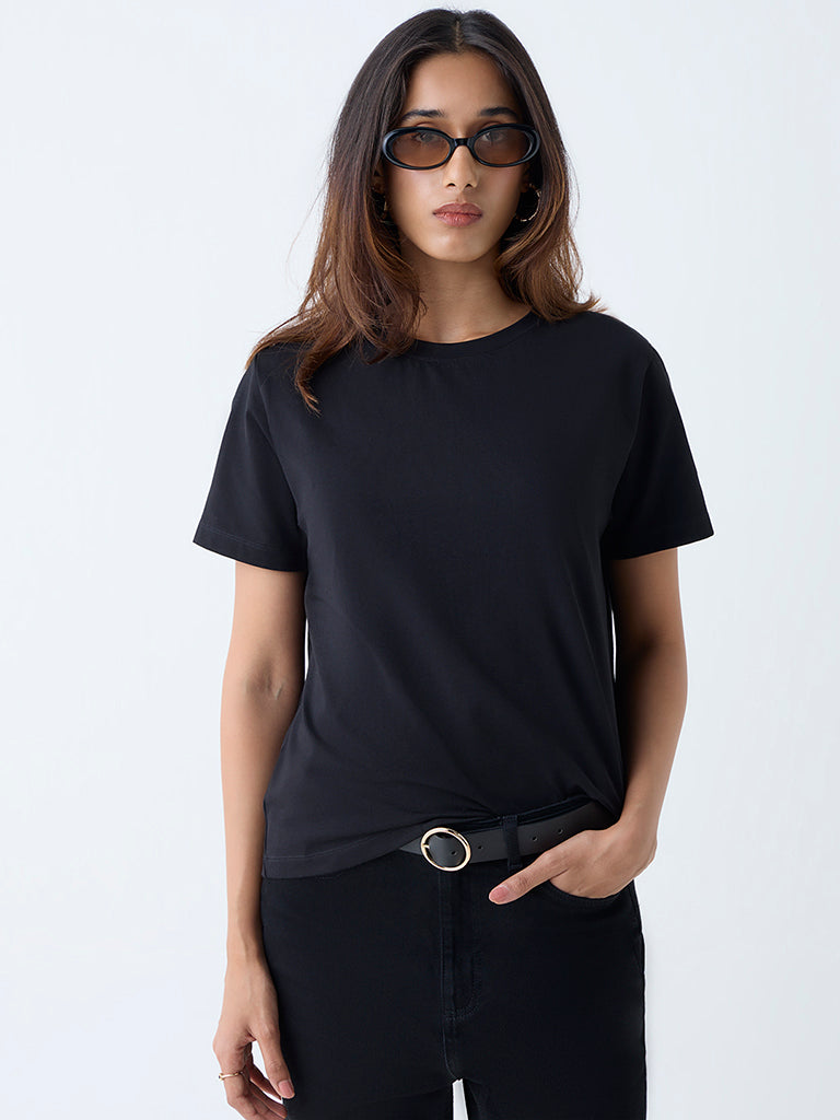 Casual Womens All Black Jersey Buy LOV Black Solid Cotton T-Shirt