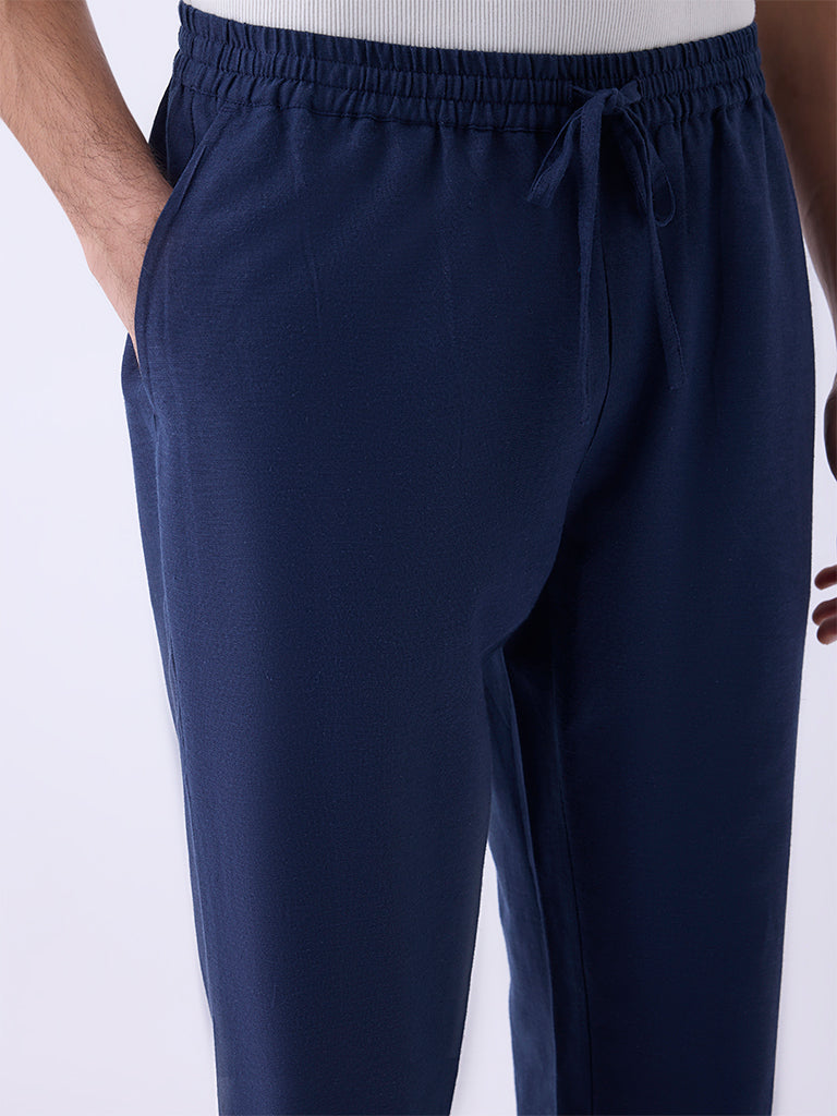 Mens Ethnicwear Navy Solid Relaxed-Fit Mid-Rise Pants