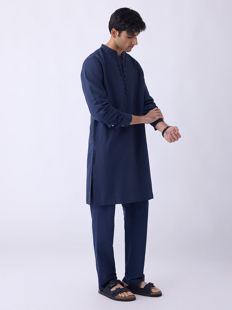 Mens Ethnicwear Navy Relaxed-Fit Cotton-Blend Kurta