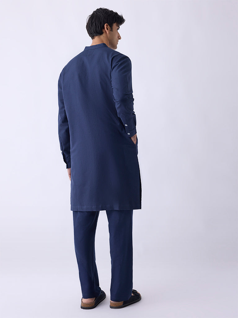Mens Ethnicwear Navy Relaxed-Fit Cotton-Blend Kurta