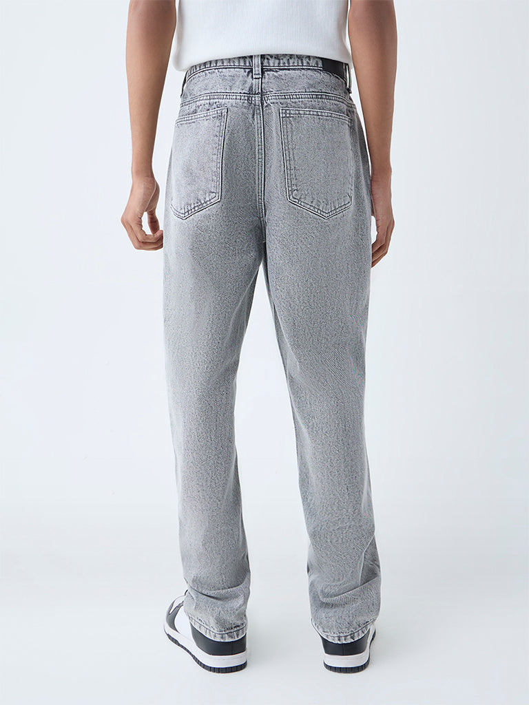 Westside Nuon Men's Grey Faded Relaxed-Fit Mid-Rise Jeans for Casual Wear Back View