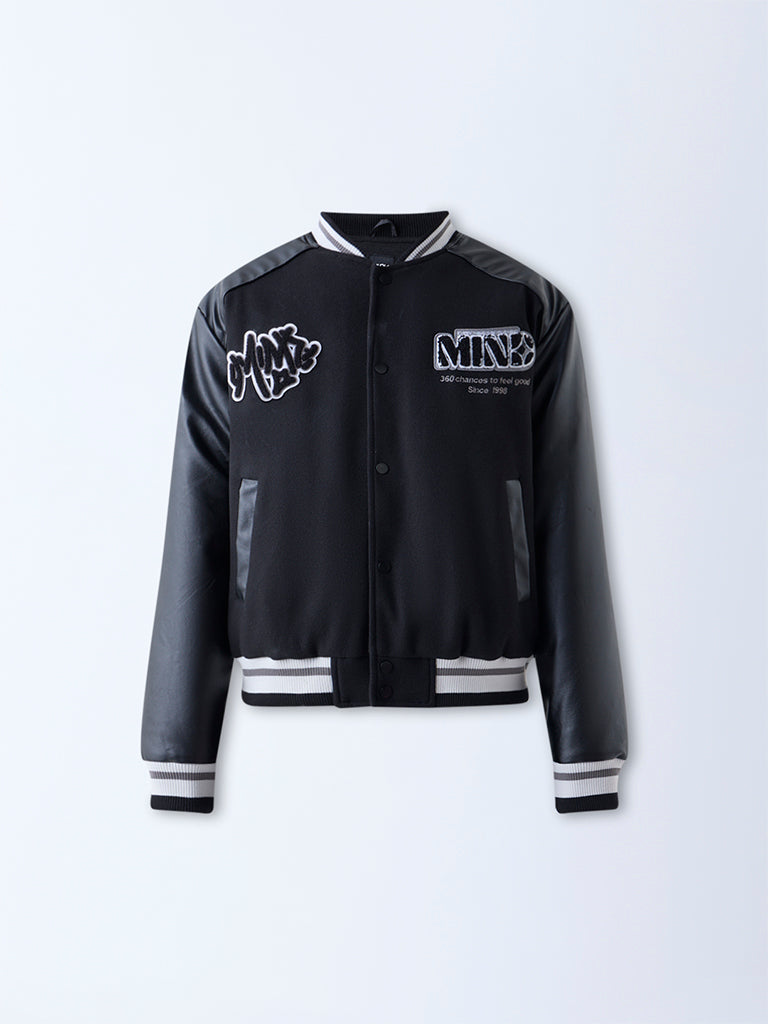 Nuon Black Text Design Relaxed-Fit Varsity Jacket