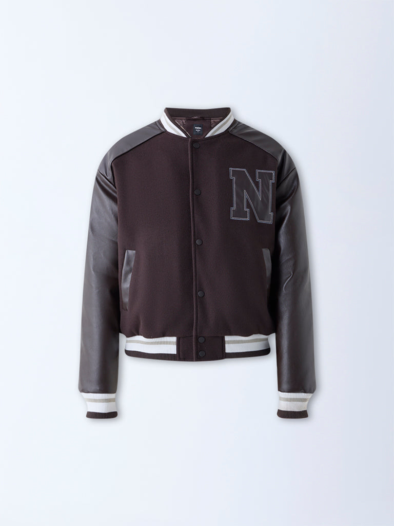 Nuon Dark Brown Typographic Relaxed-Fit Varsity Jacket
