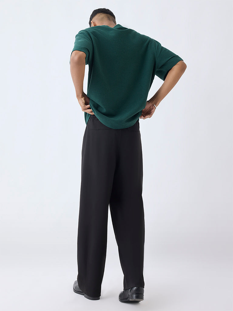 Nuon Black Solid Relaxed-Fit Mid-Rise Trousers
