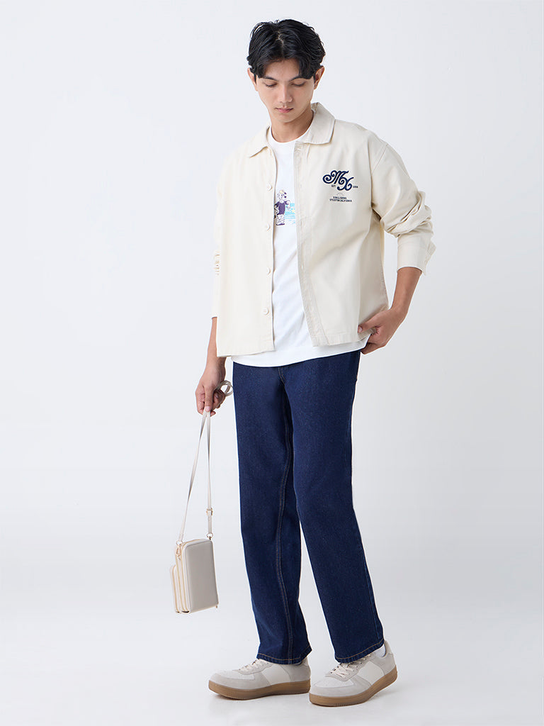 Nuon Beige Text Detailed Relaxed-Fit Cotton Shirt