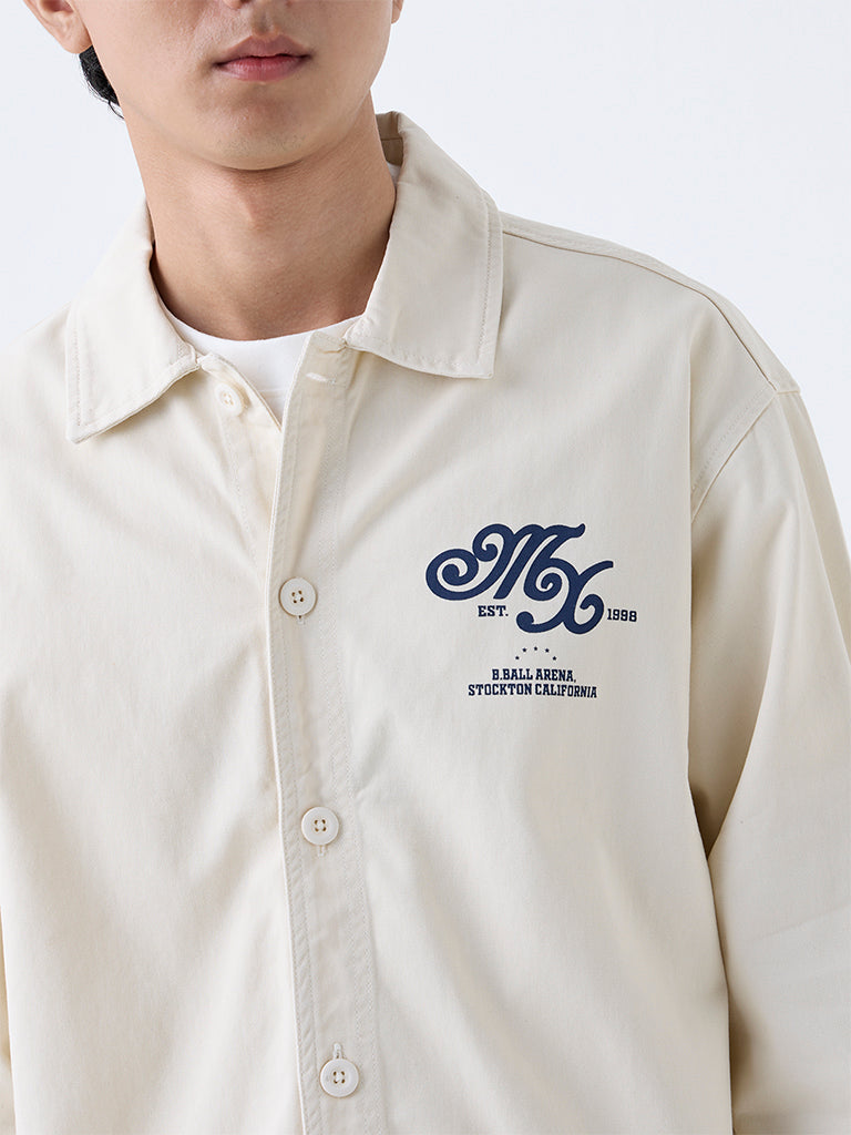 Nuon Beige Text Detailed Relaxed-Fit Cotton Shirt