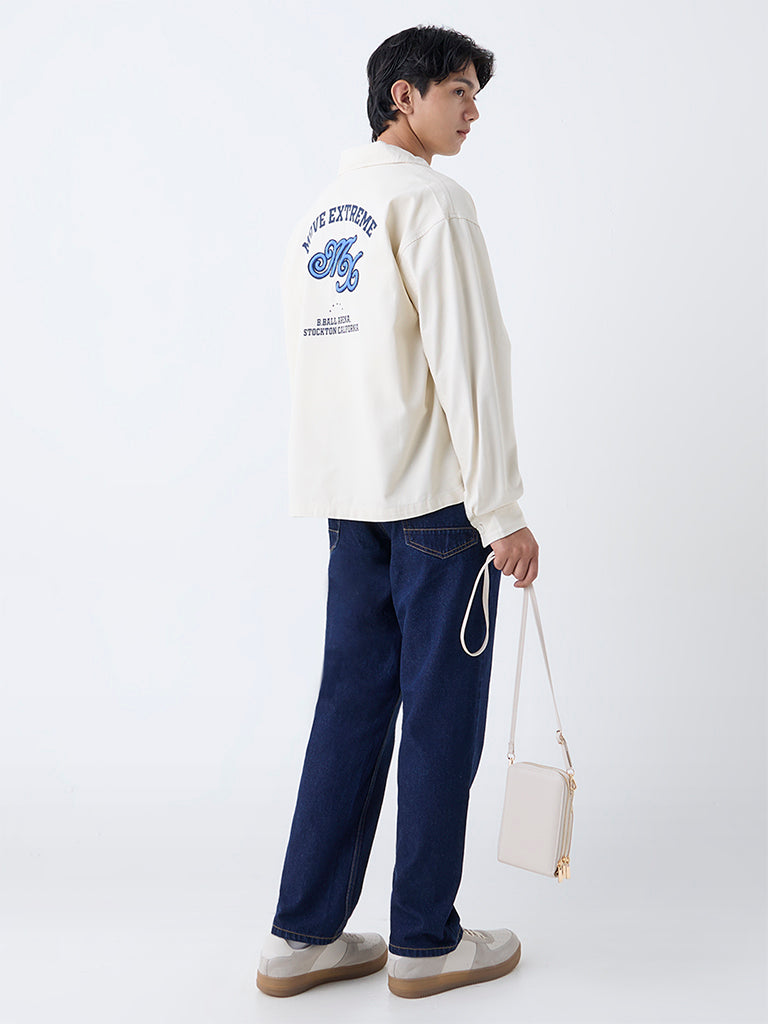 Nuon Beige Text Detailed Relaxed-Fit Cotton Shirt