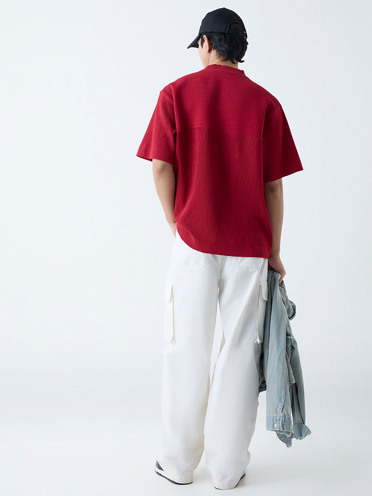 Westside Nuon Men's Red Numerical Design Ribbed Relaxed-Fit T-Shirt for Casual Wear Back View