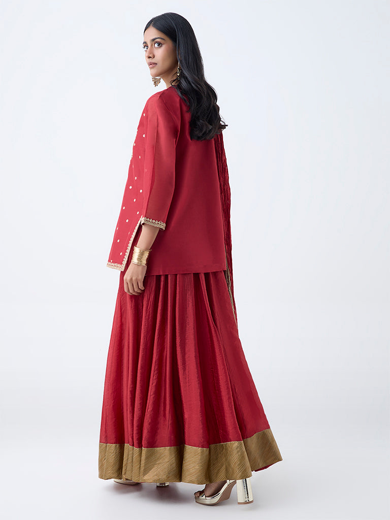 Westside Vark Women's Maroon Floral Embroidered Cotton-Blend Ethnic Set for Festival Wear Back View