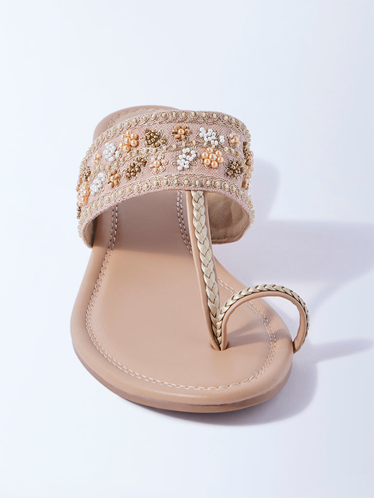 LUNA BLU Blush Pink Kolhapuri Wedge-Heel Sandals