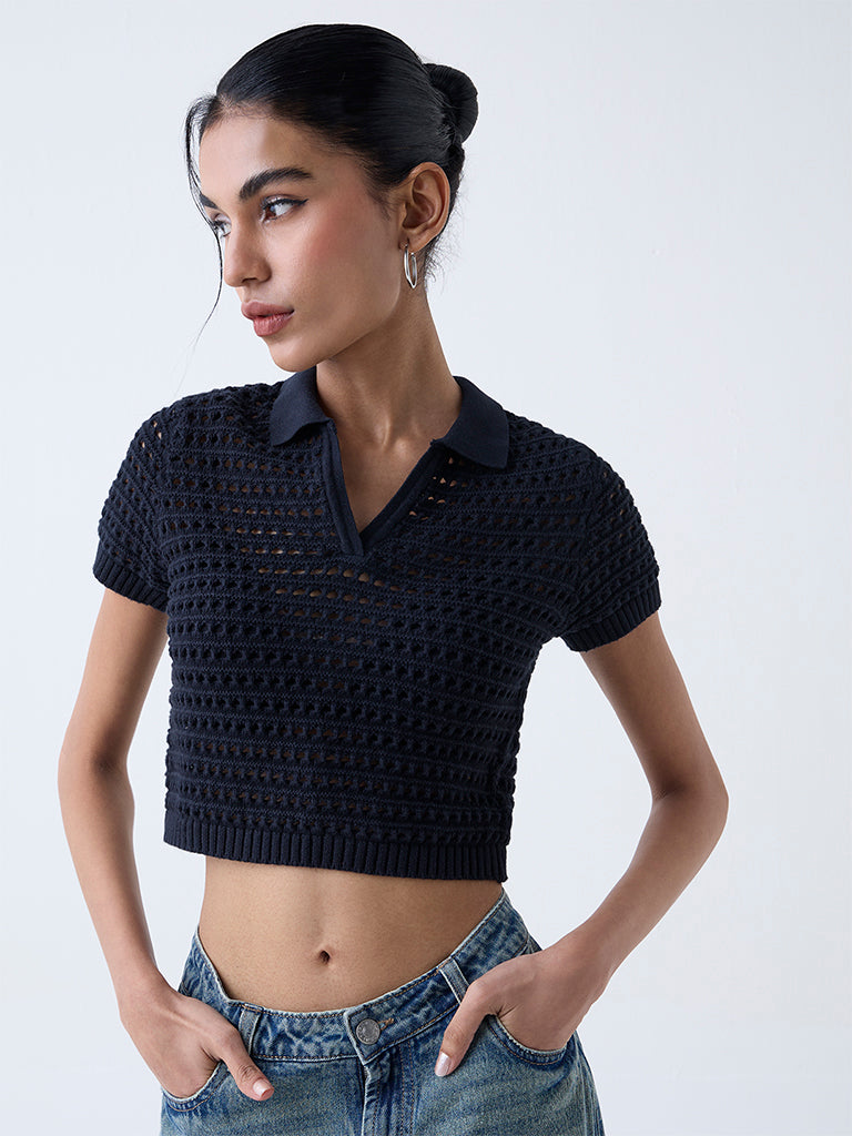 Buy Nuon Black Crochet-Detailed Cotton Top from Westside
