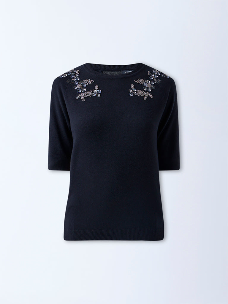 Wardrobe Black Floral Embellished Knitted Top