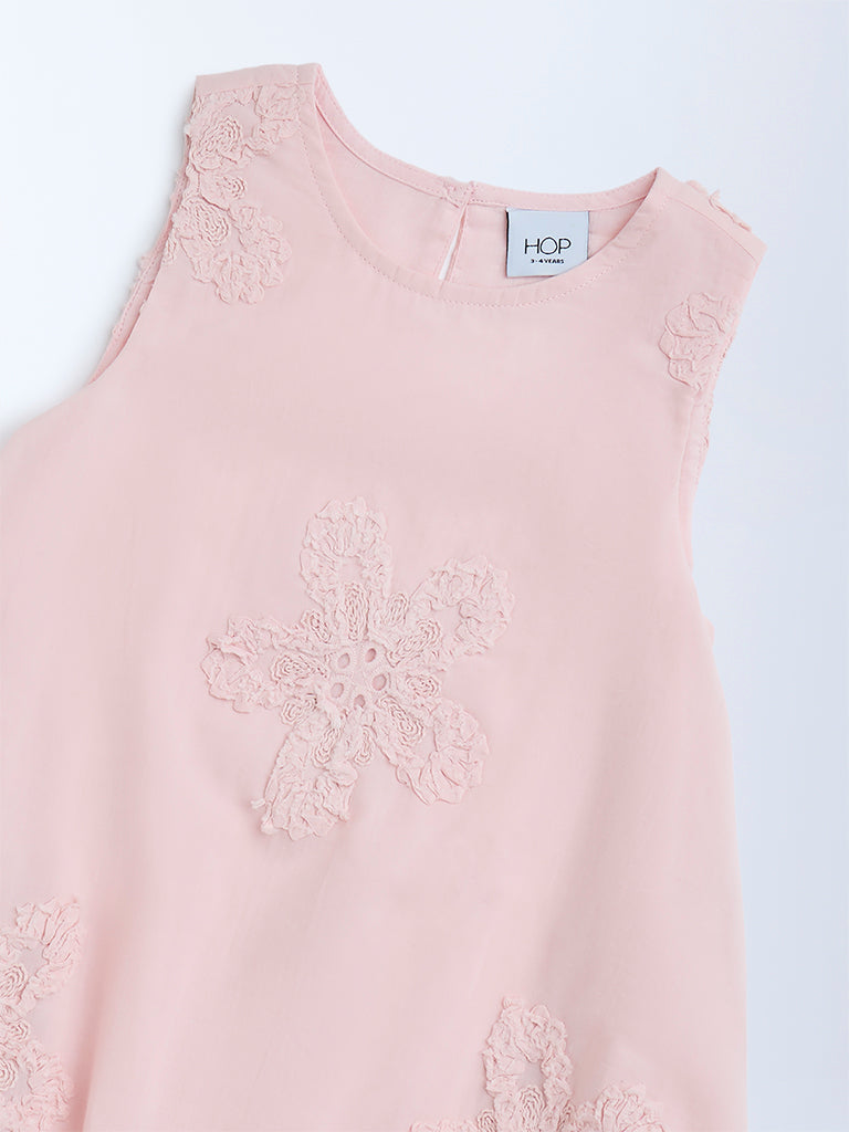 HOP Kids Girls Pink Floral Embroidered Cotton Balloon Dress