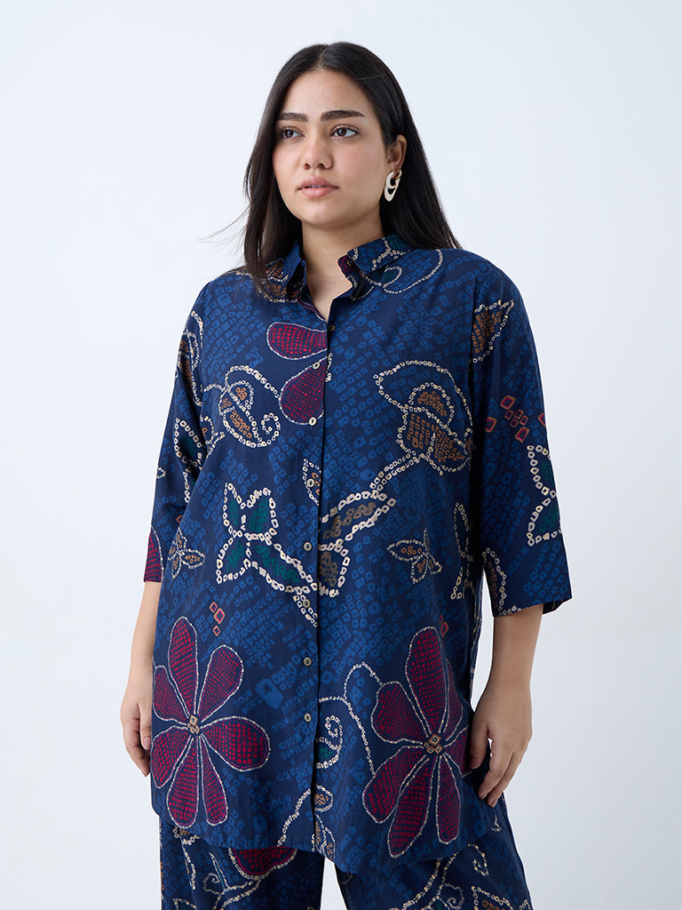 Westside Diza Women's Indigo Floral Bandhani Printed Tunic for Work Wear Front view