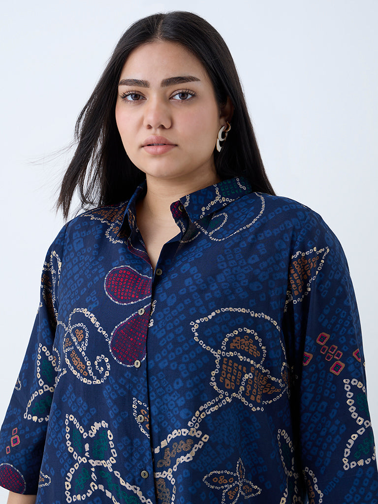 Westside Diza Women's Indigo Floral Bandhani Printed Tunic for Work Wear Zoomed View