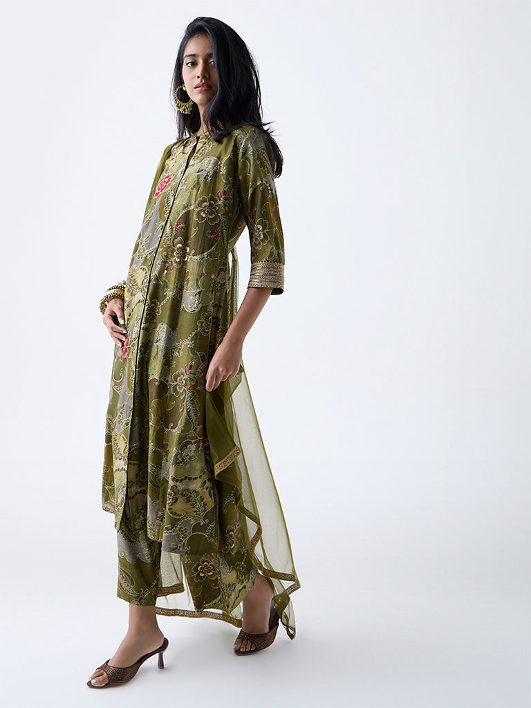 Westside Vark Women's Olive Botanical Design A-Line Ethnic Set for Festival Wear Full View