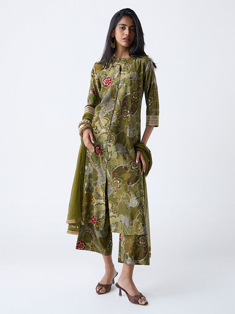 Westside Vark Women's Olive Botanical Design A-Line Ethnic Set for Festival Wear Front view