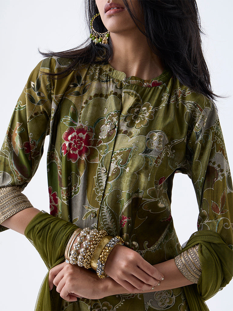 Westside Vark Women's Olive Botanical Design A-Line Ethnic Set for Festival Wear Zoomed View