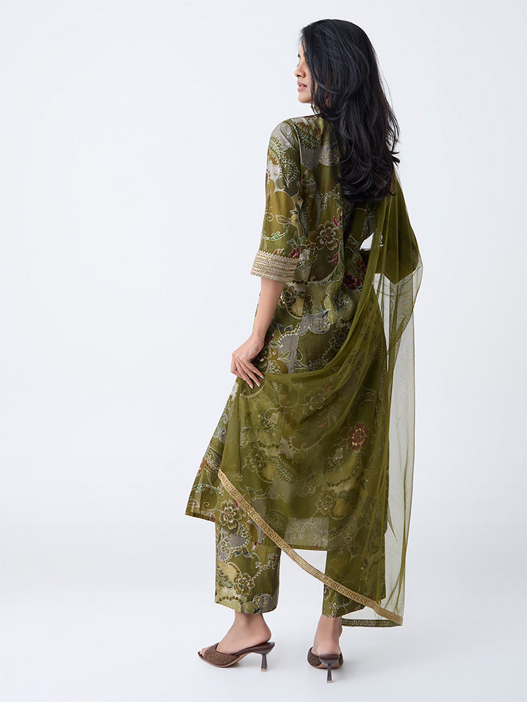 Westside Vark Women's Olive Botanical Design A-Line Ethnic Set for Festival Wear Back View