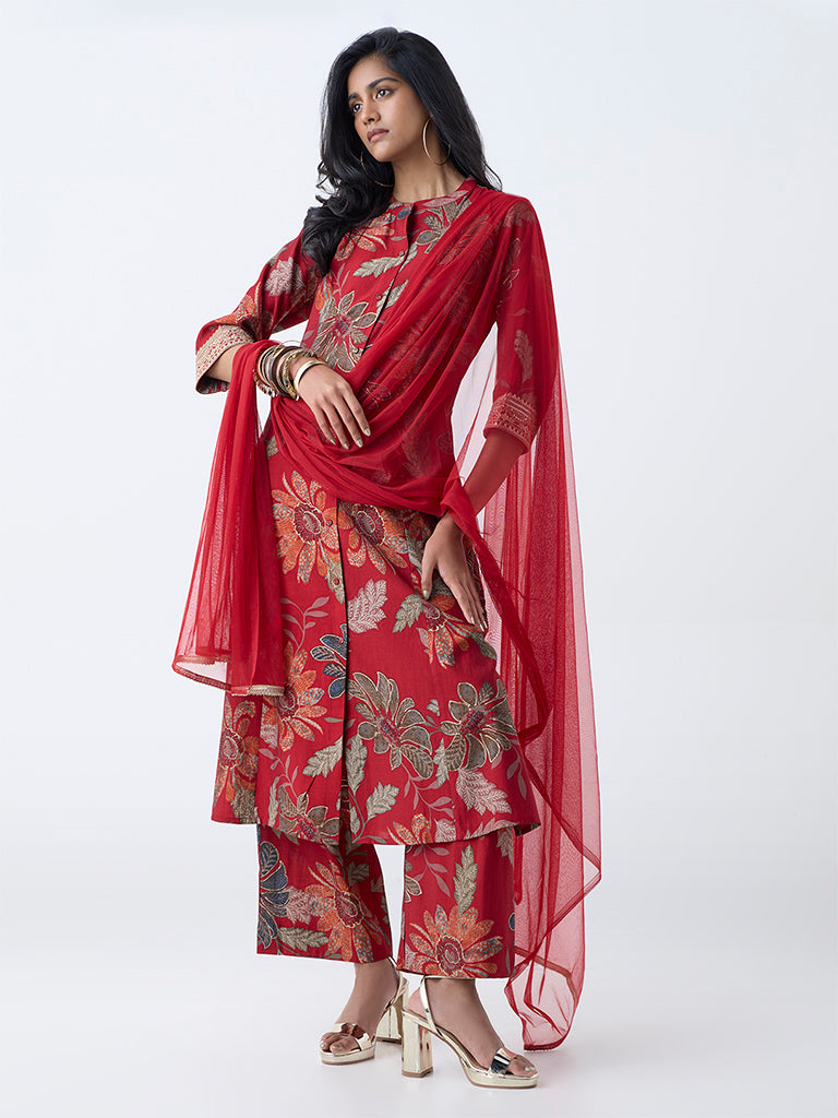 Westside Vark Women's Red Floral Pattern A-Line Ethnic Set for Festival Wear Full View