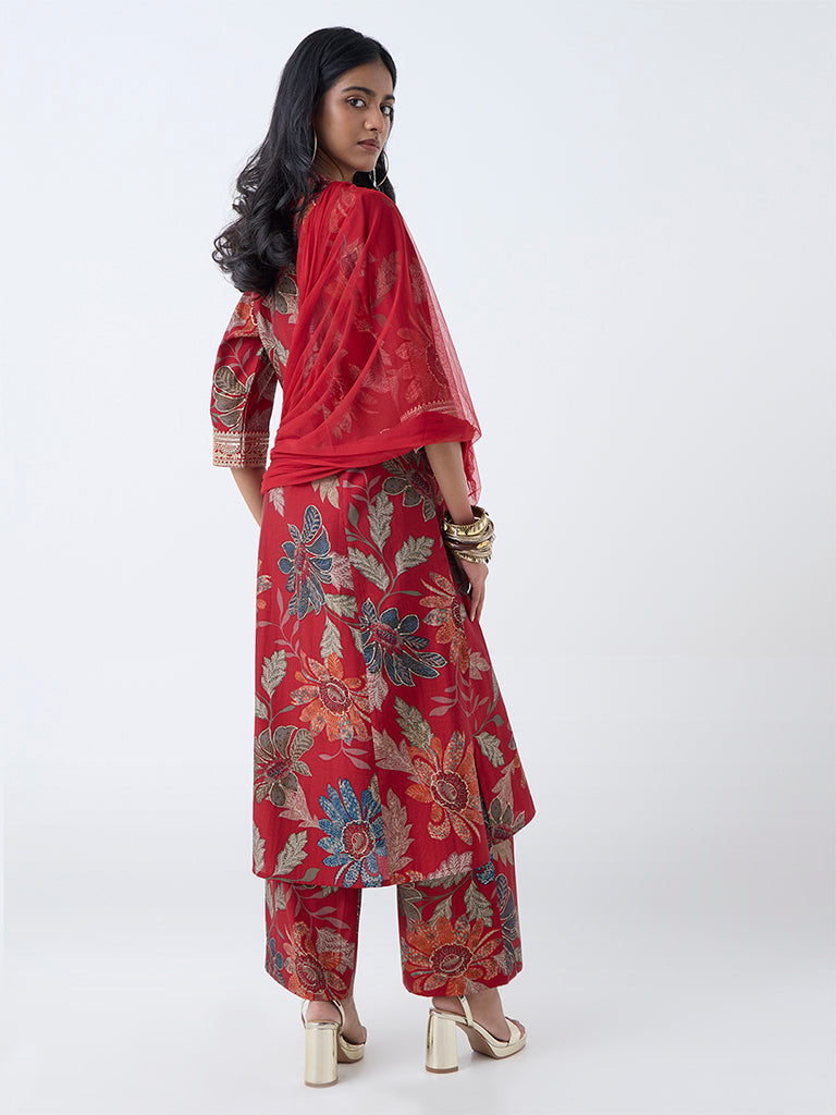 Westside Vark Women's Red Floral Pattern A-Line Ethnic Set for Festival Wear Back View