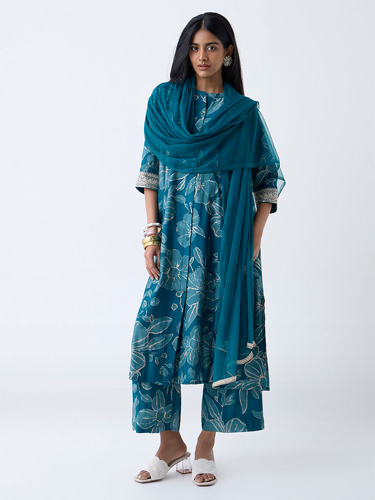 Westside Vark Women's Teal Floral Pattern A-Line Ethnic Set for Festival Wear Front view